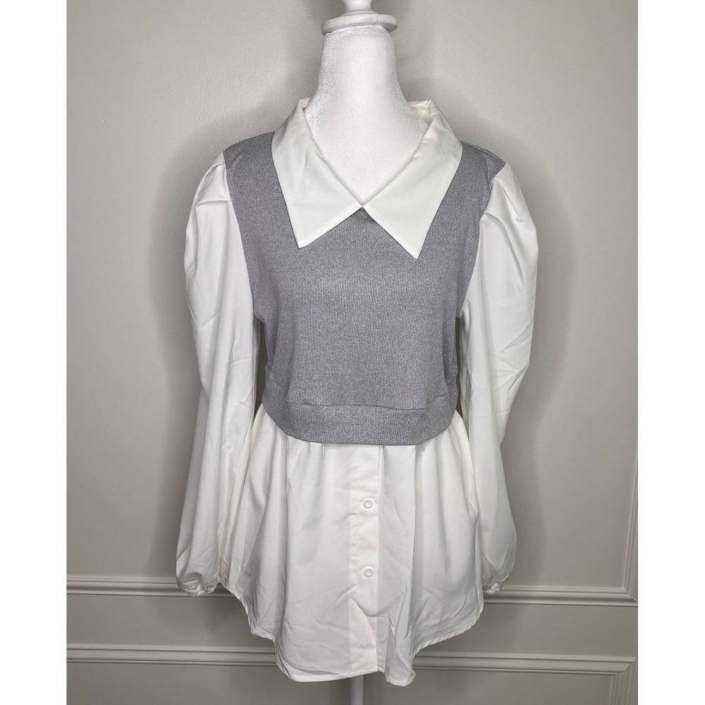 SHEIN Women Grey Ribbed Knit Vest White Layered Puff Sleeve Top Size L‎ 8/10